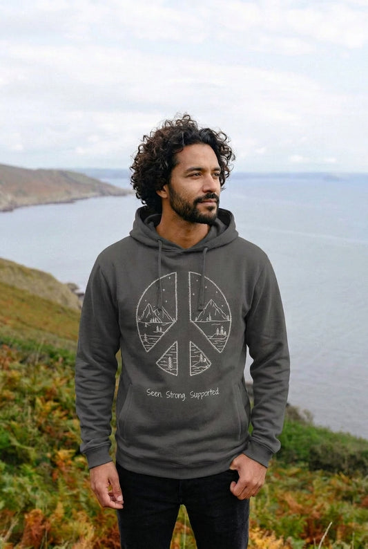 Men’s Organic Cotton Hoodie - S3 Seen • Strong • Supported | Peace Sign Mountain Design | Eco - Friendly, Ethical PulloverPrinted Hoody98594226 Men’s Organic Cotton Hoodie - S3 Seen • Strong • Supported | Peace Sign Mountain Design | Eco - Friendly, Ethical PulloverPrinted Hoody98594226
