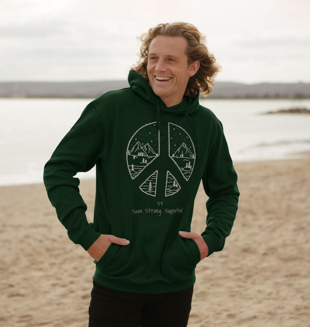 Men’s Organic Cotton Hoodie - S3 Seen • Strong • Supported | Peace Sign Mountain Design | Eco - Friendly, Ethical PulloverPrinted Hoody98594226