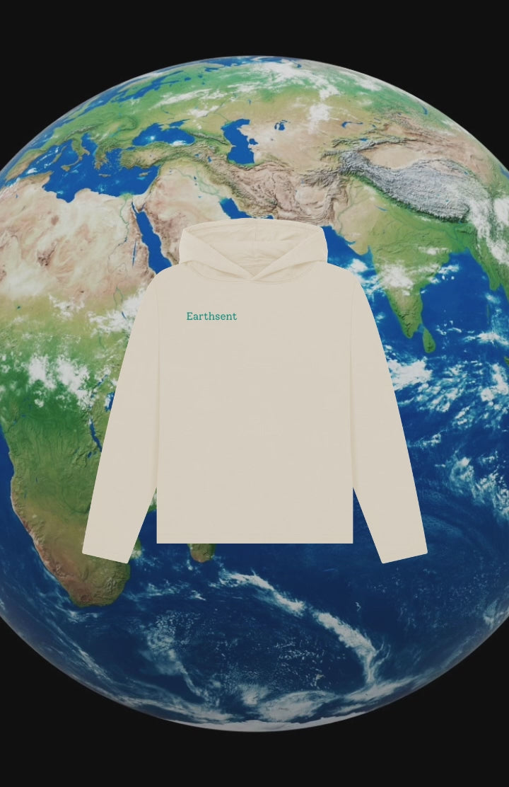 Earthsent Organic Cotton Hoodie in Oat with Earth in Space in the background 